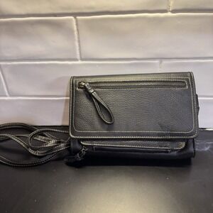 Buxton Black Pebbled Double Zipper Organizer/Wallet/Purse Crossbody - EUC